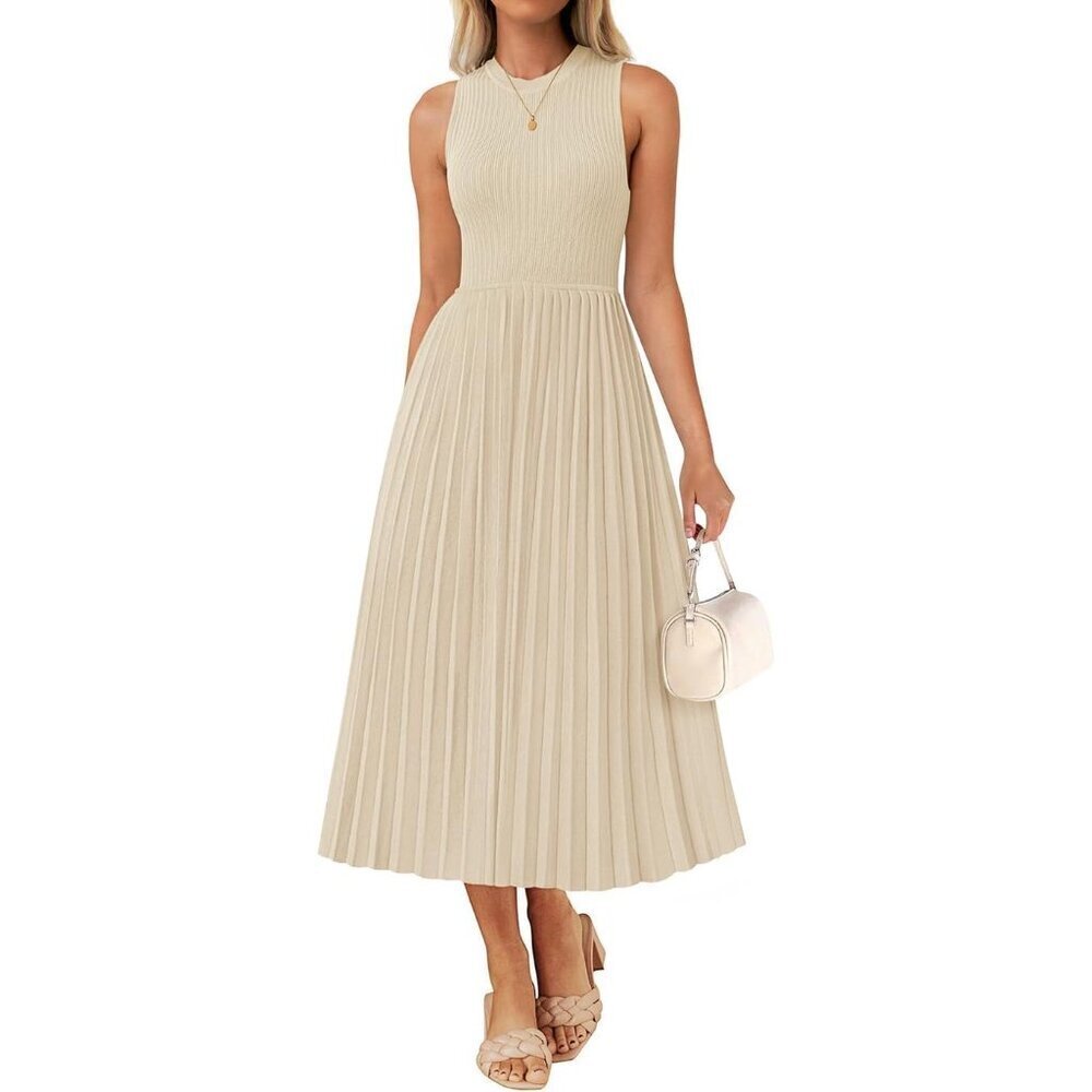 Women's Sleeveless Midi Dress Ribbed Knit Pleated A Line Swing Casual